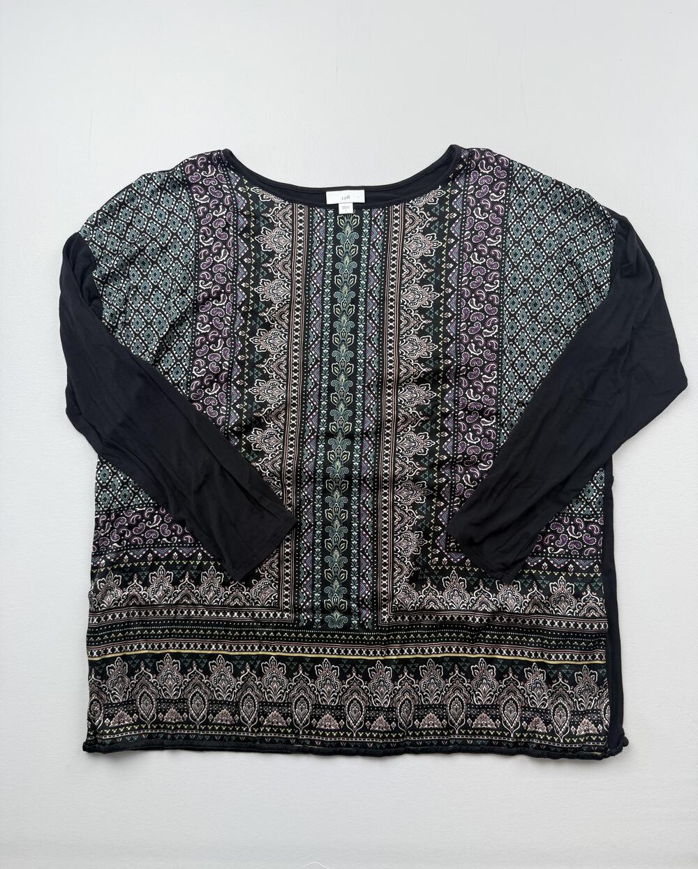 J. Jill Blouse Womens Large Black Paisley Scoop Neck Long Sleeve Tunic Top Boho